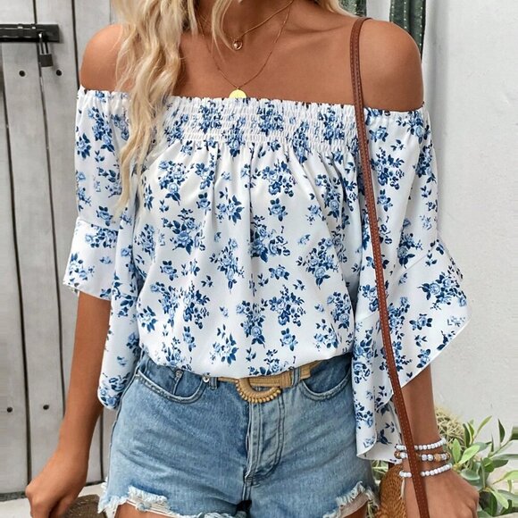 Multicolor Boho Women's Style floral Printed Off-Shoulder Shirt blouse - Picture 5 of 6